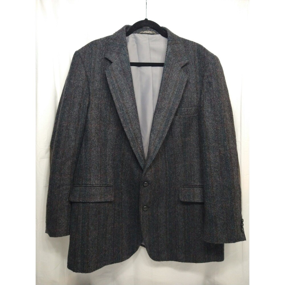 VTG Haggar Blazer 46L Wool Herringbone Tweed Elbow Patch Sport Coat Made in USA